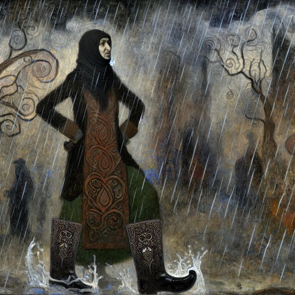 Vrouw in beschermende winterlaarzen in een mistige landschap Vrouw in elegante winterlaarzen in een donkere en mistige omgeving met regen