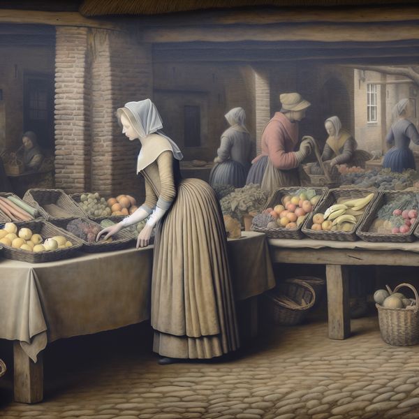 Vrouw met boodschappen in een Nederlandse markt Vrouw die verse groenten en fruit selecteert in een Nederlandse markt