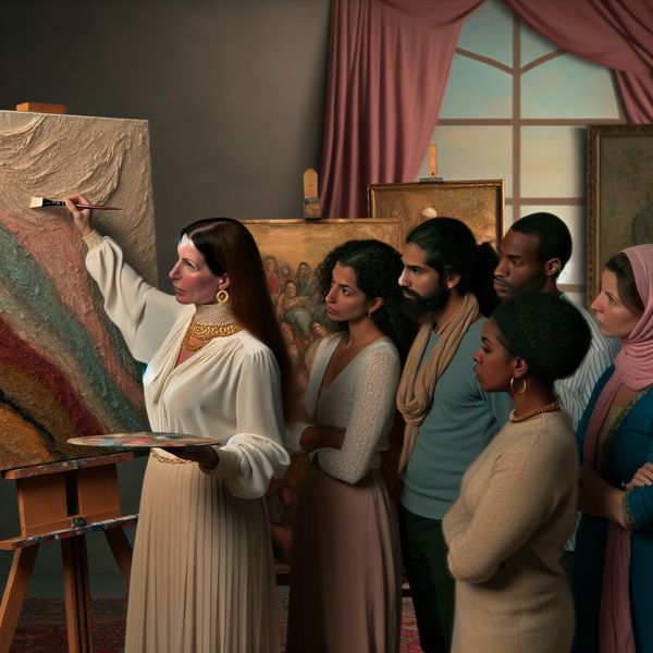 Inspirerende vrouw toont haar talent aan diverse groep Vrouw inspireert diverse groep individuen in een elegant verlichte ruimte met schildersezel en kunstwerken.