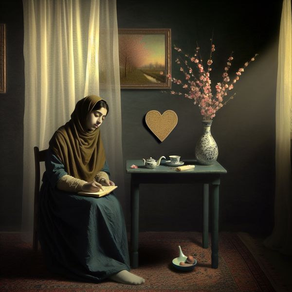 Vrouw met een journal en een hartvormig verdrietje in sereen binnenland Een jonge vrouw zit aan een tafel, schrijft in haar journal, omgeven door een warme sfeer en een hartvormig voorwerp dat een verdrietje symboliseert.