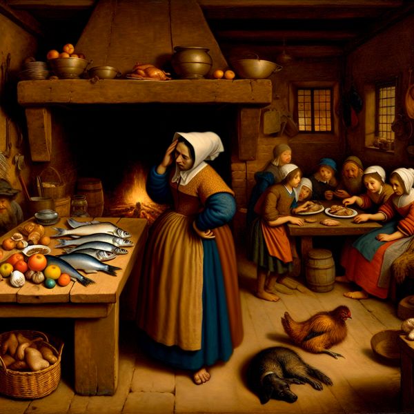 Jan Steen Stijl: Vrouw kiest Kip in Drukke Keuken Vrouw kiest kip boven vis in een levendige Nederlandse keuken