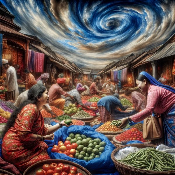 Verse producten kiezen op traditionele markt Vrouw kiest verse producten op levendige markt met dramatische lucht