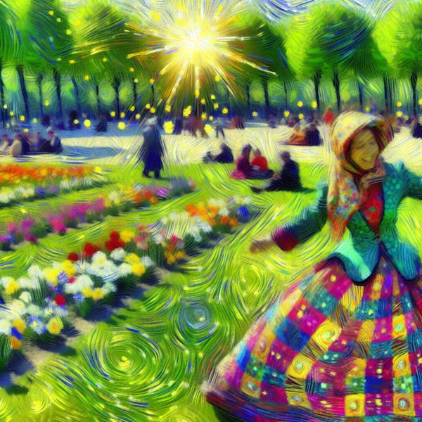 Vrouw in kleurrijke geruite rok in levendig lentepark Een vrouw met een kleurrijke geruite rok in een levendig park tijdens de lente, omringd door groene gras en bloeiende bloemen.