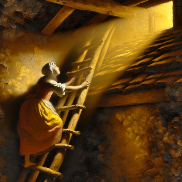 Beweging omhoog: vrouw klimt naar hoger punt in Rembrandt-stijl schilderij Vrouw klimt op houten ladder naar zolder in dramatisch Rembrandt-achtig schilderij met chiaroscuro licht
