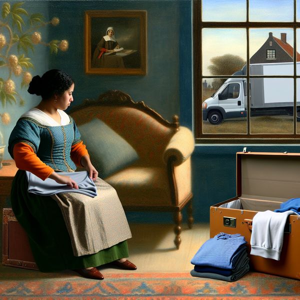 Vrouw die koffer inpakt voor verhuizing Jonge vrouw pakt een koffer in een serene woonkamer, met een duidelijk zicht op verhuisdozen en een verhuiswagen buiten.