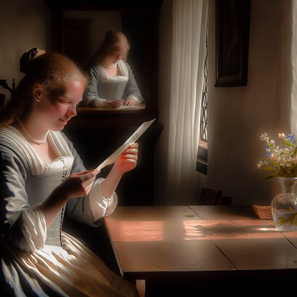 Vrouw Leest Boodschap in Vermeer-Stijl Interieur Een jonge vrouw leest een boodschap aan een houten tafel, met verraste en blije uitdrukking, verlicht door zacht diffuus licht