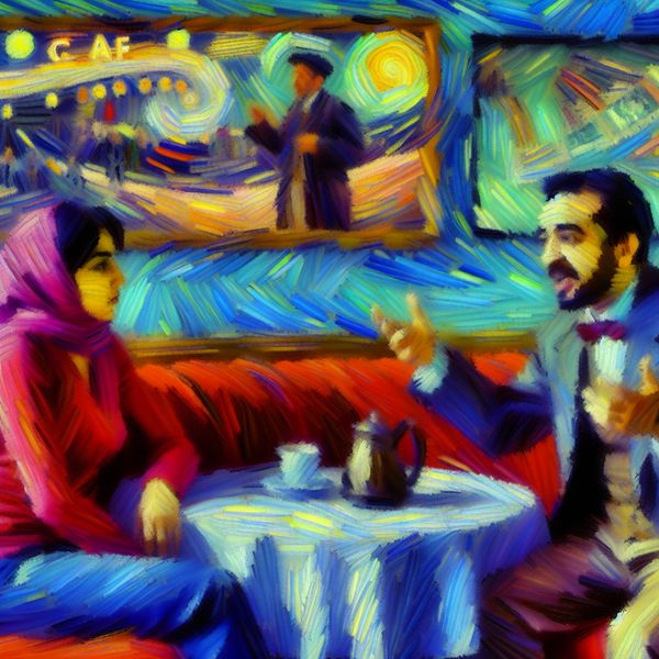 Vrouw luisterend naar vriend in gezellig cafe Een vrouw in een gezellige cafe die aandachtig luistert naar een vriend die gepassioneerd praat over een nieuwe film.