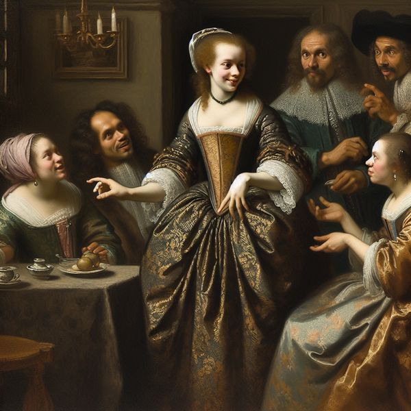 Een vrouw in 17e-eeuwse kleding gebruikt lichaamstaal om een groep mensen te manipuleren in een elegante interieursetting.