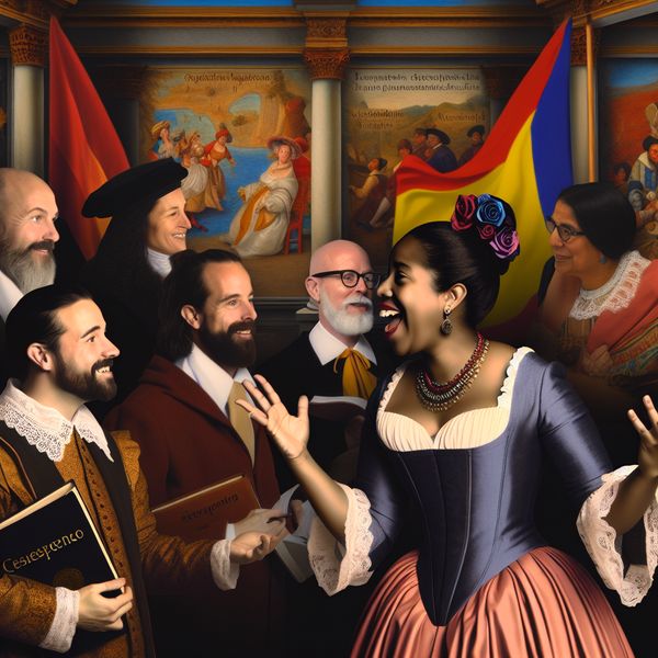 Vrouw met Meertalige Vaardigheden in Een Elegante Ruimte Een vrouw praat zelfverzekerd met een diverse groep mensen, terwijl ze verschillende talen spreekt in een prachtig ingerichte ruimte.