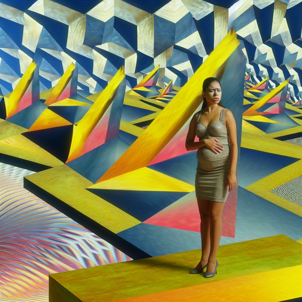 Een vrouw zit op een geometrisch platform met een vermoeide uitstraling en houdt haar buik vast, omringd door abstracte patronen die ongemak uitdragen.