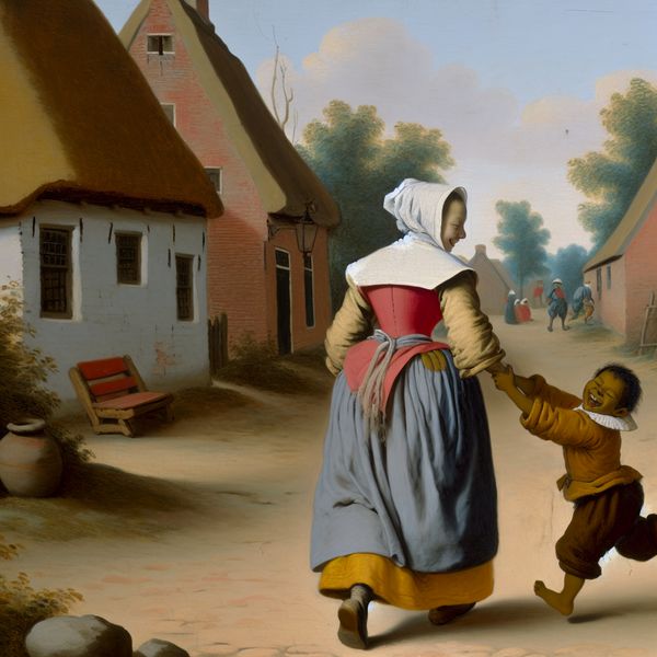 Vrouw met kind op haar rug tijdens wandeling in 17e-eeuws Nederlands dorp, benadrukt het bovenlichaam en ruggebied
