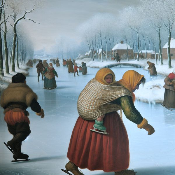 Vrouw draagt kind op haar rug tijdens winterse schaatstocht op bevroren kanaal, illustratie van het lichaamsdeel 'rug'