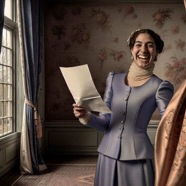 Vrouw met sollicitatiebrief in sfeervolle kamer Vrouw met een sollicitatiebrief in haar handen, in een sfeervolle kamer met zachte verlichting en delicate texturen.