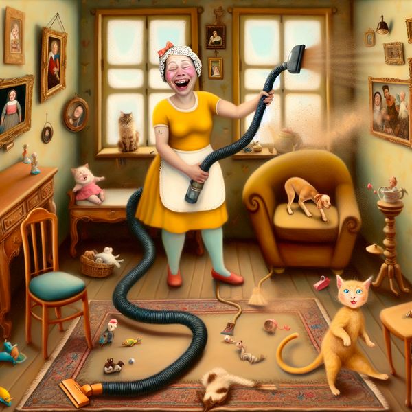 Vrouw die stofzuiger gebruikt in een gezellige woonkamer Een vrouw die blij een stofzuiger gebruikt in een levendige woonkamer met een speelse kat en rommeltjes op de grond.