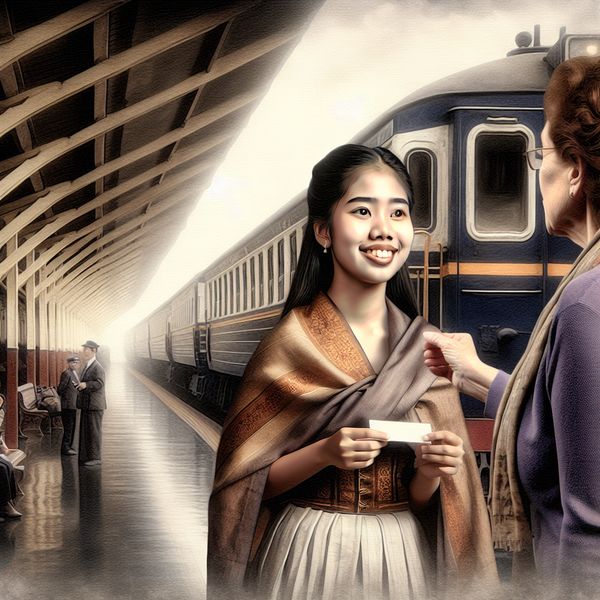 Vrouw met ticket op treinstation - Bevestiging en geruststelling Een jonge vrouw met een ticket in hand staat zelfverzekerd op een treinstation terwijl ze glimlacht naar een vriend.