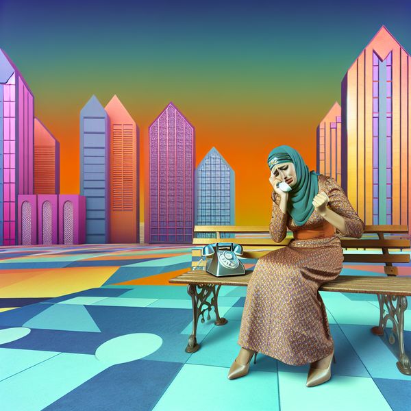 Vrouw op een bank in een park, met een bedroefd gezicht terwijl ze een telefoontje ontvangt met slecht nieuws, omgeven door geometrische vormen en retro-futuristische gebouwen.