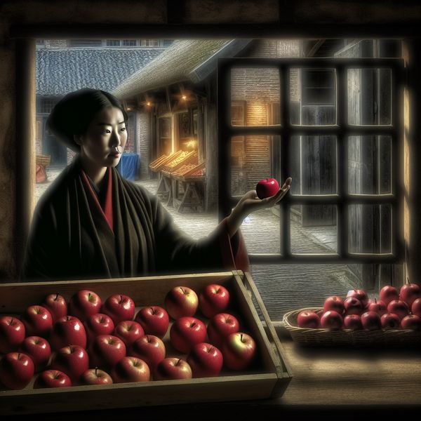 Vrouw op een markt die zeven glanzende rode appels vasthoudt, belicht door zacht diffuus licht.