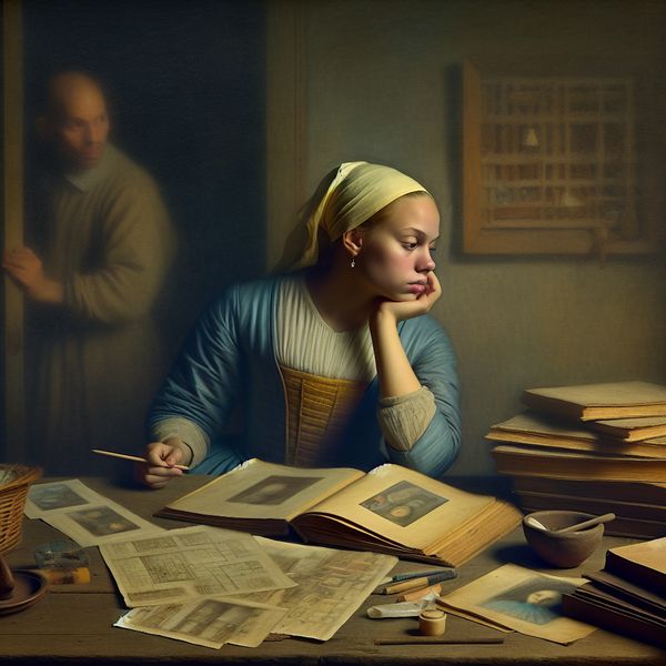 Vermeer geïnspireerde scène van een vrouw die nadenkt over oorzaak en beslissing Jonge vrouw zit aan een houten tafel, denkend over de redenen achter haar keuzes, omringd door boeken en schetsen.