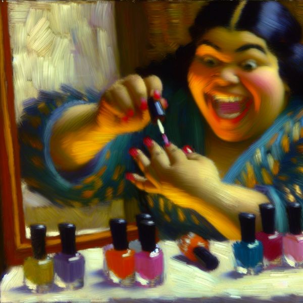 Vrouw die haar nagels lakt met levendige kleuren Vrouw lakt haar nagels met levendige nagellak, omringd door kleurige flesjes en een spiegel die haar blije uitdrukking weergeeft.