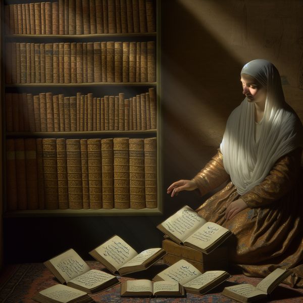 Vrouw in een Cozy Kamer met Boeken en Persoonlijke Aantekeningen Een vrouw in een gezellige kamer omringd door open boeken met persoonlijke aantekeningen in de marges.