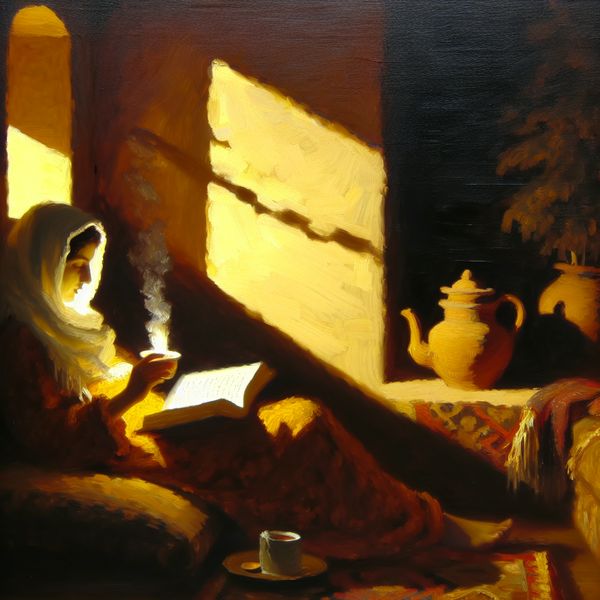 Vrouw Ontspant in Gezellige Hoek met Boek en Thee Een vrouw ontspant in een gezellige hoek met een boek en een kop thee, omringd door warm licht.