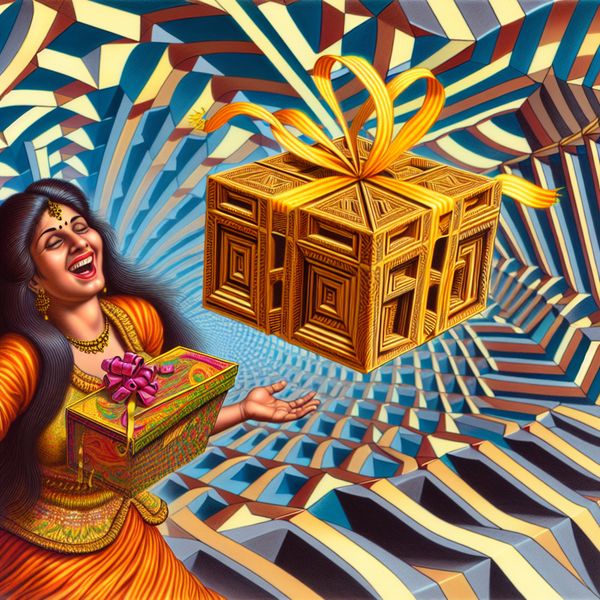 Vrouw ontvangt een prachtig ingepakt cadeau met een schitterende aura, omringd door een optische illusie die de vreugde van het moment versterkt