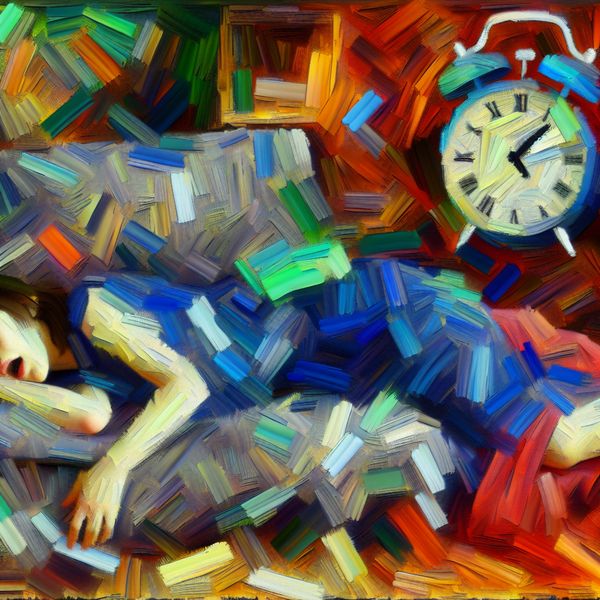 Abstract expressionist schilderij van een vermoeide vrouw op een bank, omgeven door felle kleuren die haar uitputting uitdrukken.