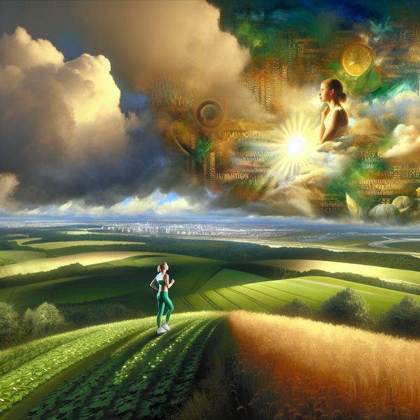 Vrouw staat op een heuveltop en kijkt vastberaden naar de horizon, omringd door groene velden en dramatische wolken die zonlicht uitstralen.