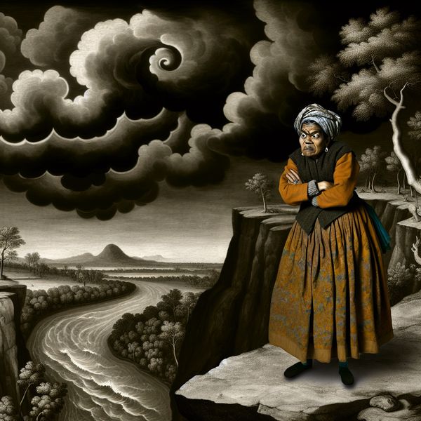 Vrouw op een klif met gefrustreerde uitdrukking in dramatisch landschap Vrouw op een rotsachtige klif met gefrustreerde uitdrukking, omringd door een dramatisch landschap met een turbulente lucht en een woelige rivier