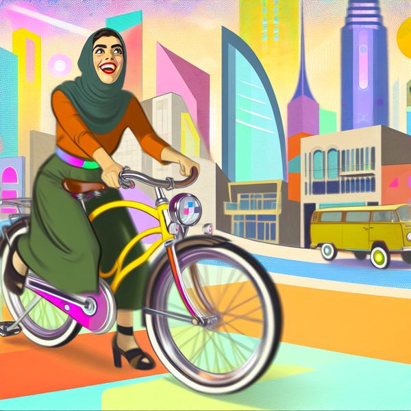 Een jonge vrouw die blij een nieuwe fiets rijdt door een kleurrijke stad met moderne architectuur.