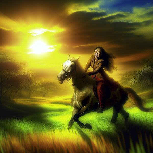 Vrouw op paard in een groene weide tijdens zonsondergang Een vrouw die op een majestueus paard door een weelderig groen weiland rijdt tijdens een gouden uur zonsondergang.