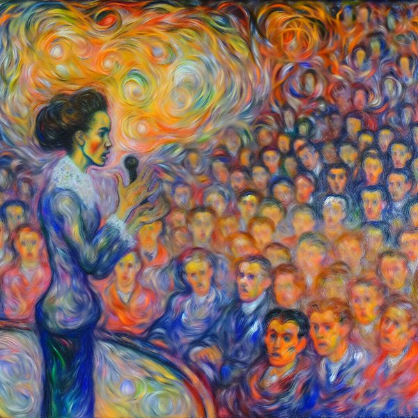 Abstract expressionistisch schilderij van een vrouw die op een podium staat en een diverse menigte toespreekt.