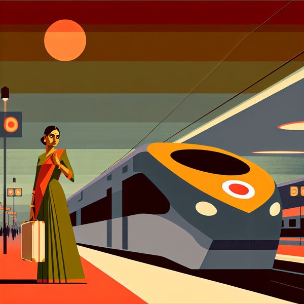 Vrouw op treinstation met retro-futuristische trein Een vrouw op een treinstation die klaarstaat om in te stappen op een retro-futuristische trein, met een uitdrukking van spanning en bezorgdheid.