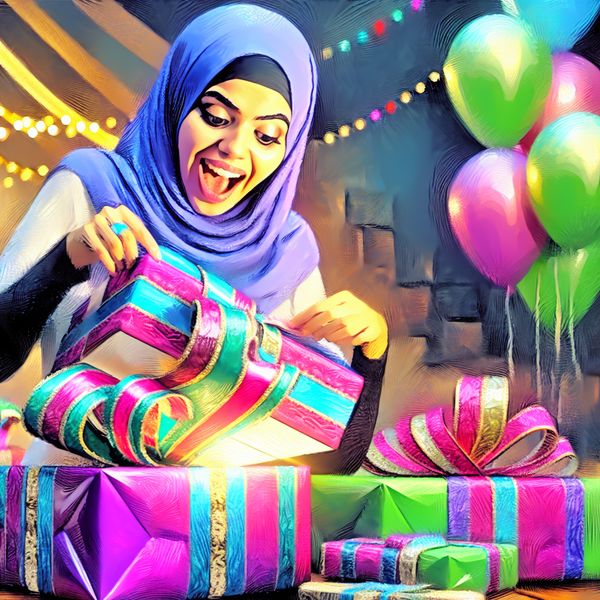 Vrouw opent verjaardagscadeau in feestelijke sfeer Jonge vrouw opent een kleurrijk cadeau met een blije uitstraling, omringd door ballonnen en een verjaardagstaart.