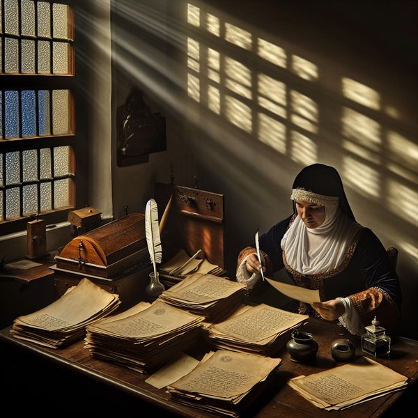 Een vrouw die geconcentreerd aan een houten tafel zit, bezig met het organiseren van documenten met een veer en inktpot.
