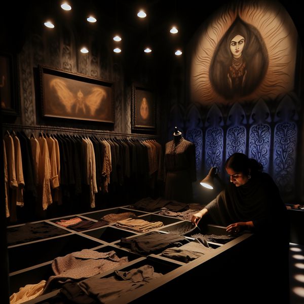 Gothic stijl vrouw kleding organiseren Vrouw organiseert kleding in een duistere, gothic-stijl kamer
