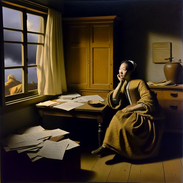 Vrouw in contemplatie en veerkracht in een moeilijke periode Vrouw aan een gedimd verlichte tafel, omringd door papieren en een storm buiten