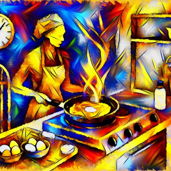 Vrouw die een pannenkoek bakt in een chaotische keuken Een vrouw in een levendige keuken die een gouden pannenkoek omdraait in een pan, omringd door ingrediënten zoals eieren en melk.