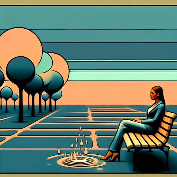Vrouw op een bankje in retro-futuristische scène Een alleen zittende vrouw op een bankje in een park, starend naar de horizon terwijl het zachtjes regent.
