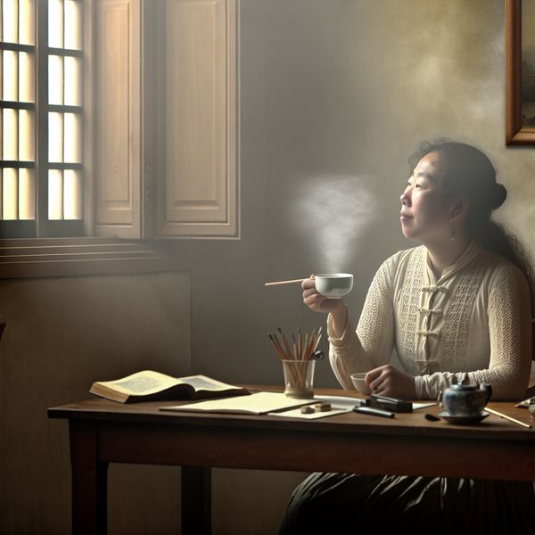 Vrouw pauzeert met een kop koffie in een sfeervol verlichte ruimte