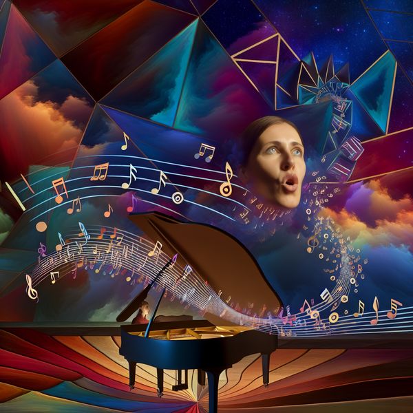 Vrouw die piano speelt en zingt in surrealistische omgeving Vrouw speelt een enorme piano te midden van geometrische patronen en zingt, omgeven door drijvende muzieknoten en interlockende vormen.