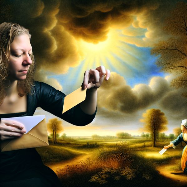 Een jonge vrouw plaatst een boodschap in een mooi ontworpen envelop, omringd door een weids landschap onder een dramatische lucht.
