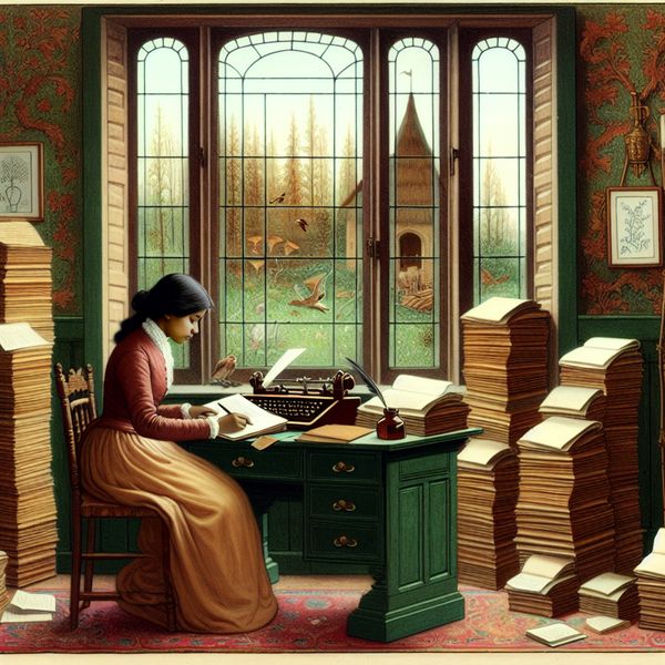 Verhalende scène van een vrouw die haar proefschrift over klimaatverandering schrijft Een jonge vrouw die aan een houten bureau zit en zich verdiept in het schrijven van haar proefschrift over klimaatverandering.