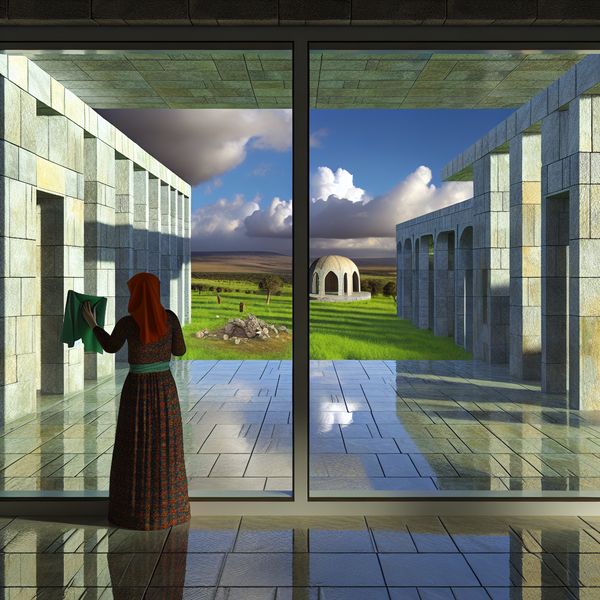 Vrouw staat ramen schoon te maken in surrealistische architectuur Vrouw die de ramen van haar huis schoonmaakt met een doek, met een surrealistische achtergrond in monumentale stijl en een dramatische lucht.