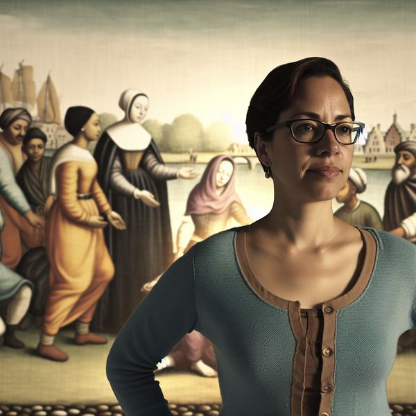 Vrouw Verdedigt Rechten van Minderheden Een vastberaden vrouw staat voor een diverse groep, die haar strijd voor de rechten van minderheden symboliseert, met een serene achtergond en zachte verlichting.