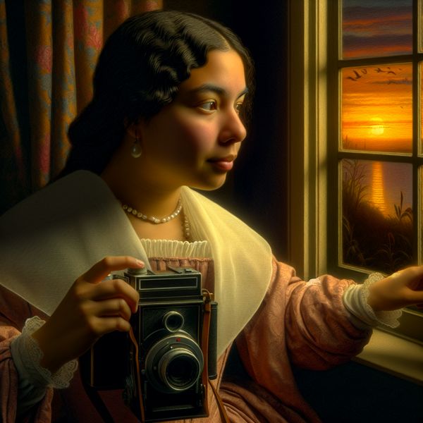 Jonge vrouw richt vintage camera op zonsondergang bij raam in Vermeer-stijl met zacht licht en warme kleuren