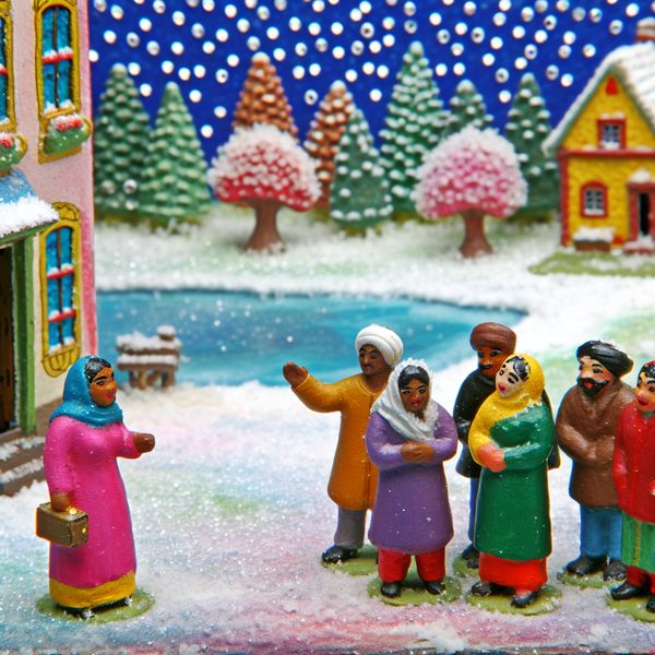 Vrouw roept vrienden in winterse tuin Een vrouw in warme kleding roept naar haar vrienden in een sneeuwachtige winterlandschap.