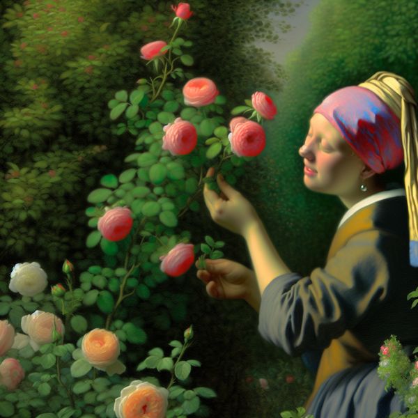 Vrouw ruikt aan rozen in een serene tuin Een vrouw in een serene tuin die geniet van de geur van een rozenstruik.