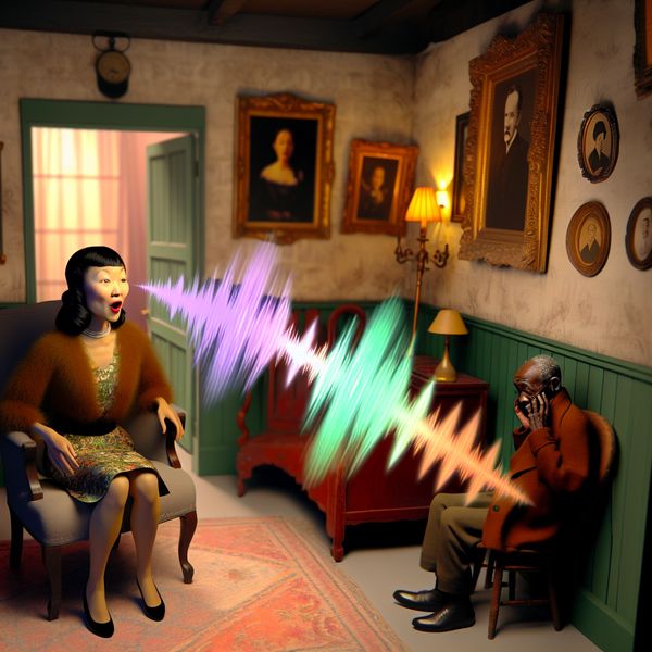 Vrouw met een verraste uitdrukking en schelle stem in een vintage kamer Illustratie van een vrouw die met een verraste uitdrukking spreekt, met kleurige geluidsgolven die uit haar mond komen in een gezellige, vintage kamer.