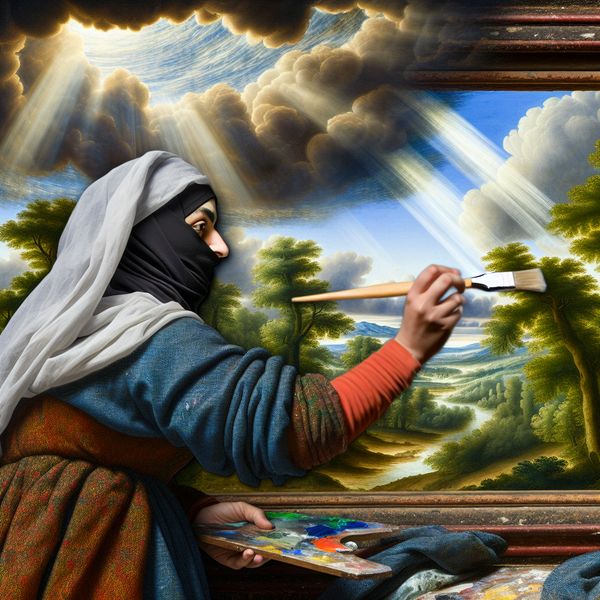 Vrouw schildert raam met grote kwast in Ruisdael-stijl Een vrouw schildert een groot raam met een kwast in een dramatisch, natuurgedreven landschap.